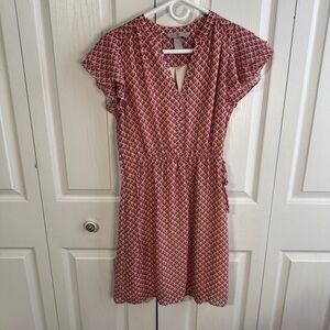 H&M red white pattern v neck midi dress size 4
